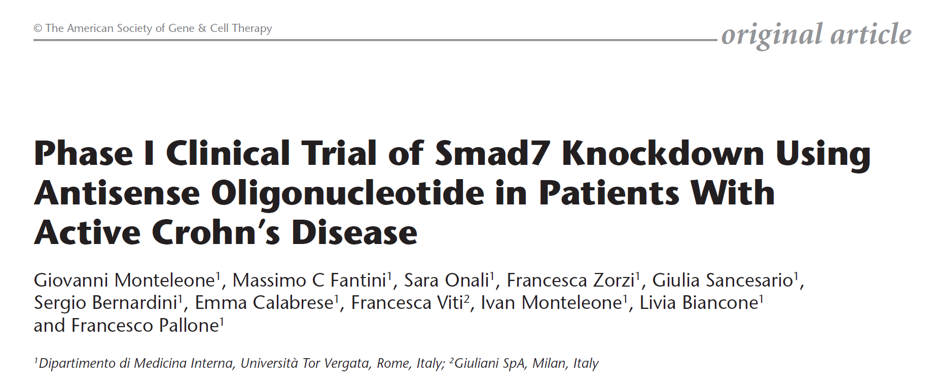 Phase I Clinical Trial of Smad7 Knockdown Using Antisense Oligonucleotide in Patients With Active Crohn’s Disease