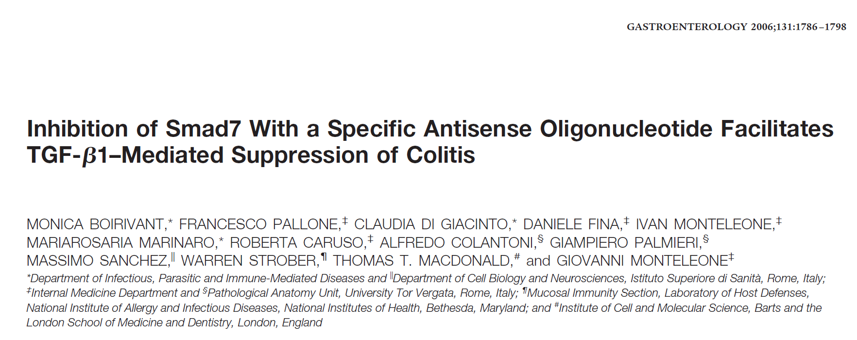 Inhibition of Smad7 With a Specific Antisense Oligonucleotide Facilitates TGF-β1–Mediated Suppression of Colitis