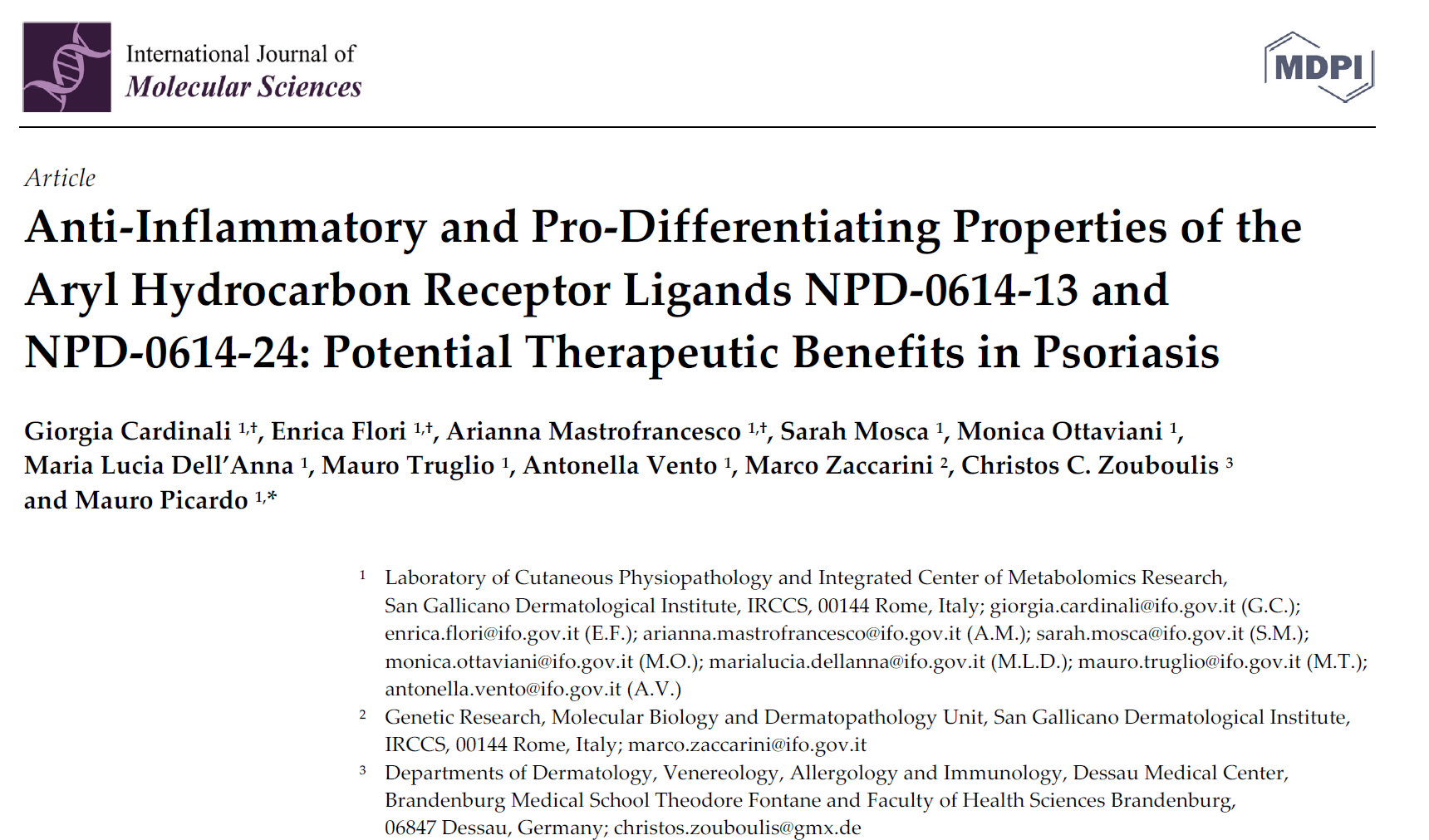 Anti-Inflammatory and Pro-Differentiating Properties of the Aryl Hydrocarbon Receptor Ligands NPD-0614-13 and NPD-0614-24: Potential Therapeutic Benefits in Psoriasis