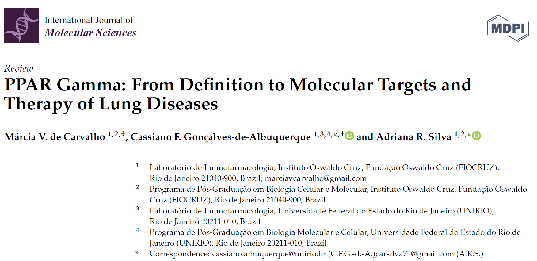 PPAR Gamma: From Definition to Molecular Targets and Therapy of Lung Diseases