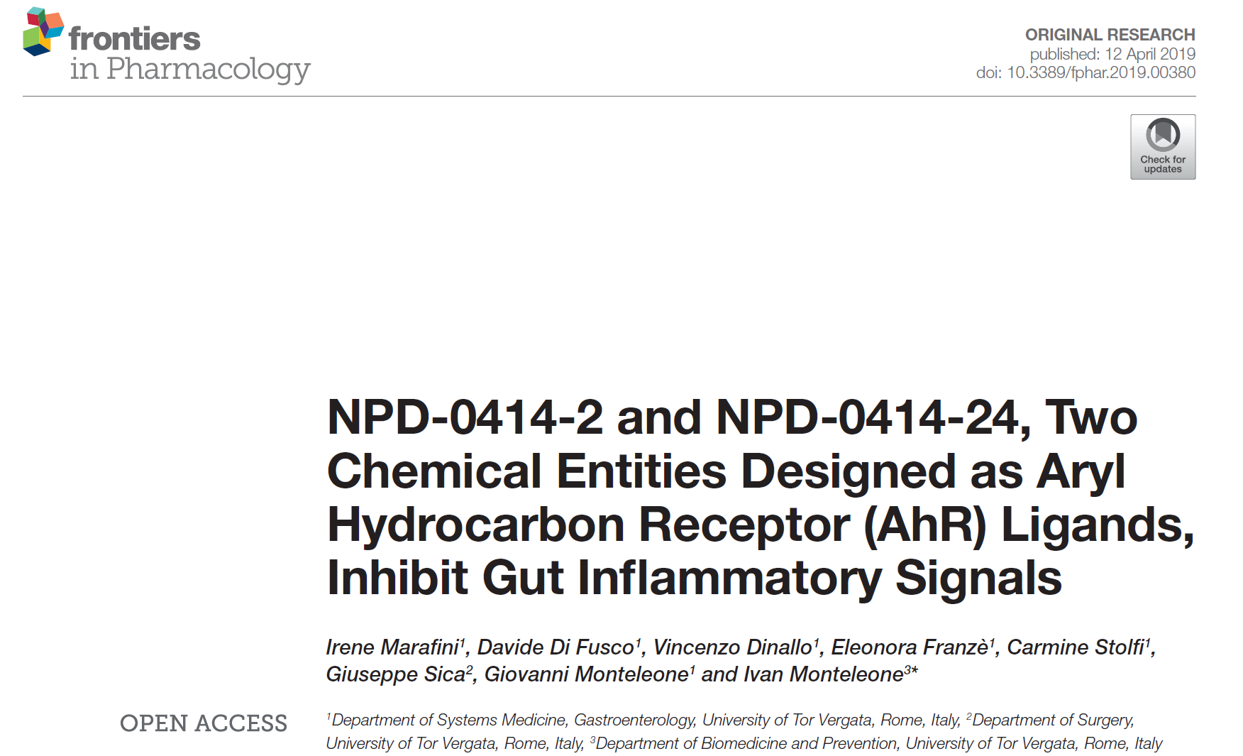 NPD-0414-2 and NPD-0414-24, Two Chemical Entities Designed as Aryl Hydrocarbon Receptor (AhR) Ligands, Inhibit Gut Inflammatory Signals