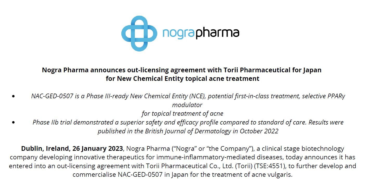 Nogra Pharma announces out-licensing agreement with Torii Pharmaceutical for Japan for New Chemical Entity topical acne treatment